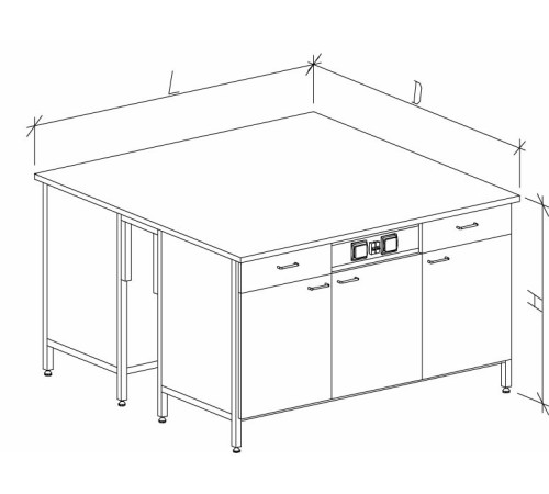 Стол-тумба островной на основе столов-тумб металлических с дверками, ящиками и розетками 1200 СТОд-М с/я.р.