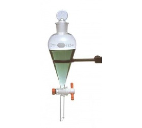Купить Воронка делительная грушевидная Kimble 125 мл, без градуировки, PTFE кран, автоклавируемая, с пробкой, стекло (Артикул 29048T-125)