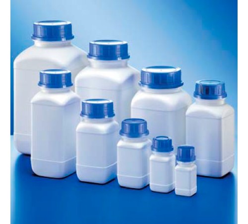 Купить Бутыль Kautex широкогорлая 1000 мл, HDPE, квадратная, Ø 54 мм, белый цвет, без крышки, с сертификатом ООН для твердых веществ