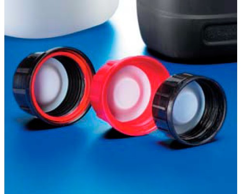 Крышка блистерная Kautex, PP, с красным защитным кольцом и уплотнением из PTFE, черная, Ø 45 мм, для узкогорлых бутылей объемом 50-2500 мл