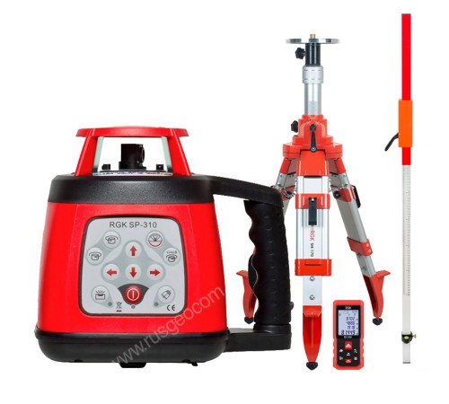 Комплект: ротационный нивелир RGK SP-310 с калибровкой + элевационный штатив RGK SH-170 + рейка RGK LR-2 + дальномер RGK DL100