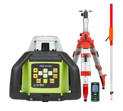 Комплект: ротационный нивелир RGK SP-610G + элевационный штатив RGK SH-170 + рейка RGK LR-2 + дальномер RGK DL100G