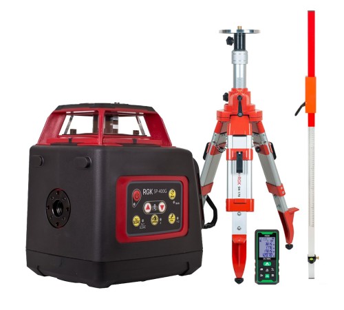 Комплект: ротационный нивелир RGK SP-400G + элевационный штатив RGK SH-170 + рейка RGK LR-2 + дальномер RGK DL100G