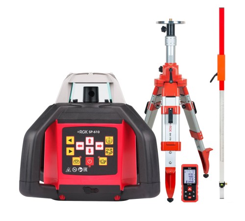 Купить Комплект: ротационный нивелир RGK SP-610 с калибровкой + элевационный штатив RGK SH-170 + рейка RGK LR-2 + дальномер RGK DL100